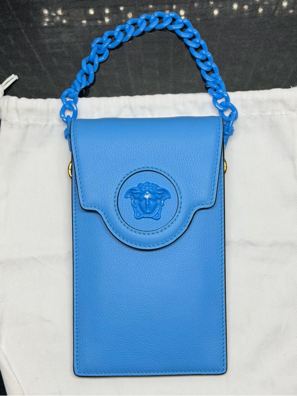 Versace La Medusa Leather Phone Crossbody Bag Blue Chain Strap Card Holder Italy - Picture 6 of 16